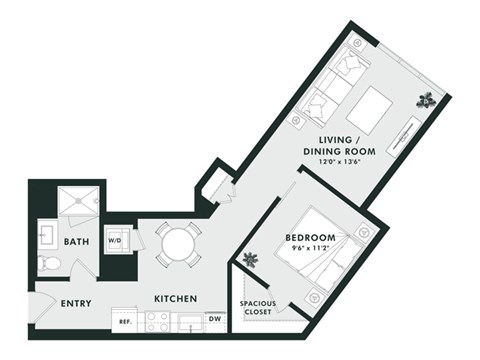 A floor plan of a small apartment with a living room, dining room, kitchen, bathroom, and bedroom.